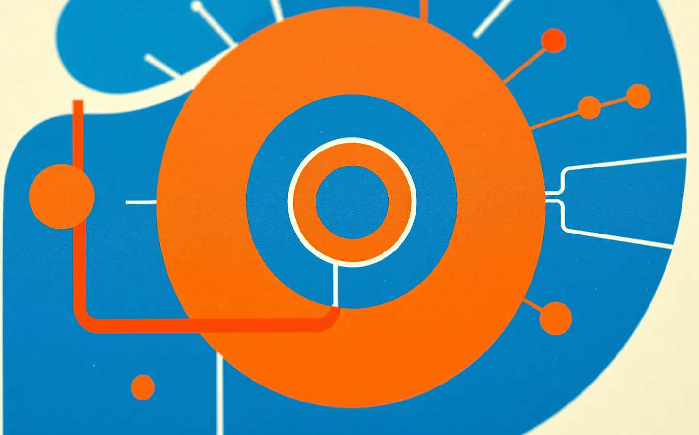 A bold screenprint poster plate of an abstract hypothalamic node with a cobalt melanocortin-receptor cyclic-peptide ring and orange signal lines, halftone grain and a mis-registered orange layer, on a cream poster sheet